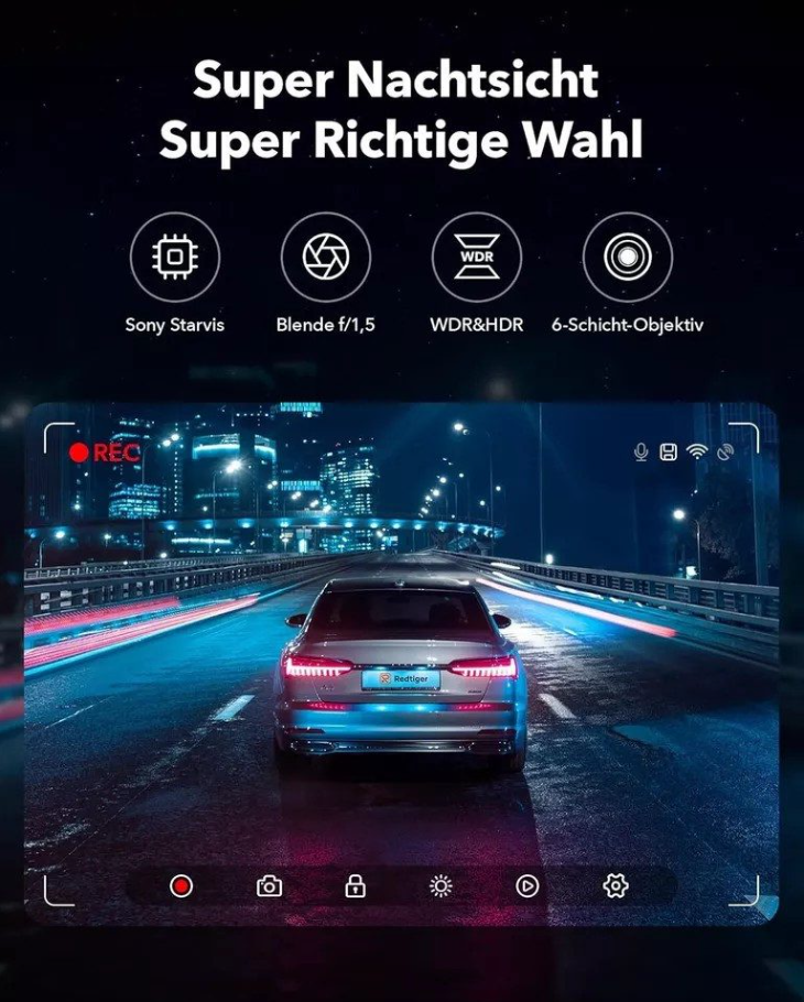 Redtiger F7NP – Flexible 4K-Dual-Dashcam mit Innenrückkamera B-Ware