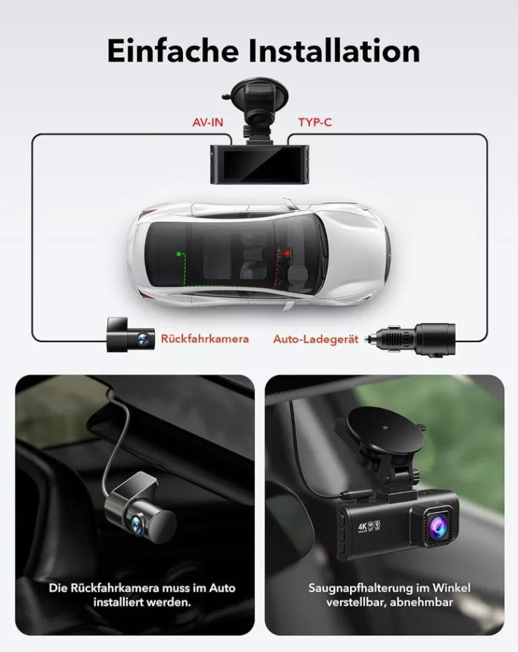 Redtiger F7NP – Flexible 4K-Dual-Dashcam mit Innenrückkamera B-Ware
