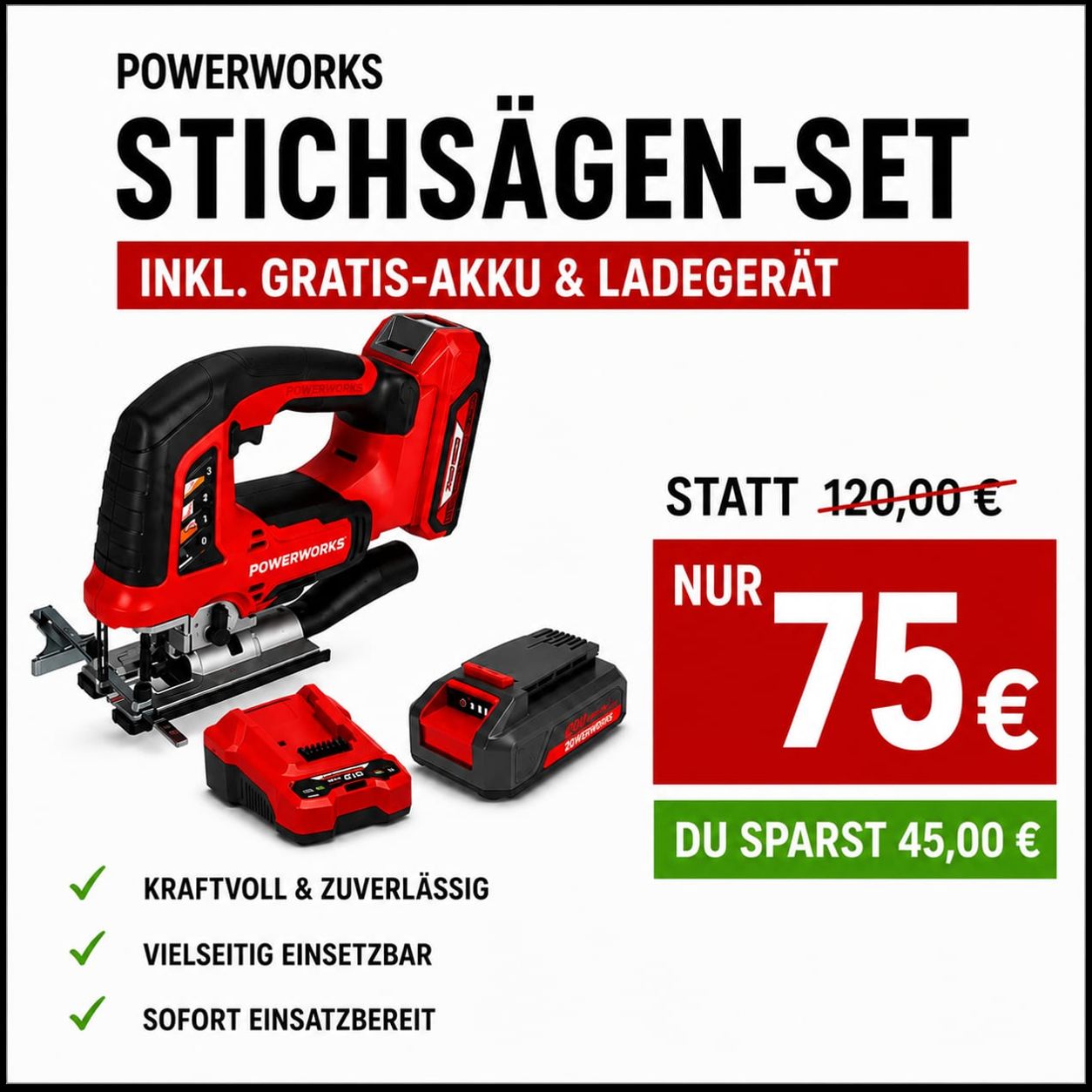 Powerworks Akku-Stichsäge inkl. Gratis Akku und Ladestation