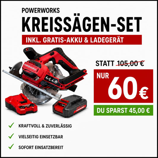 Powerworks Handkreissäge - inkl. Gratis Akku und Ladestation