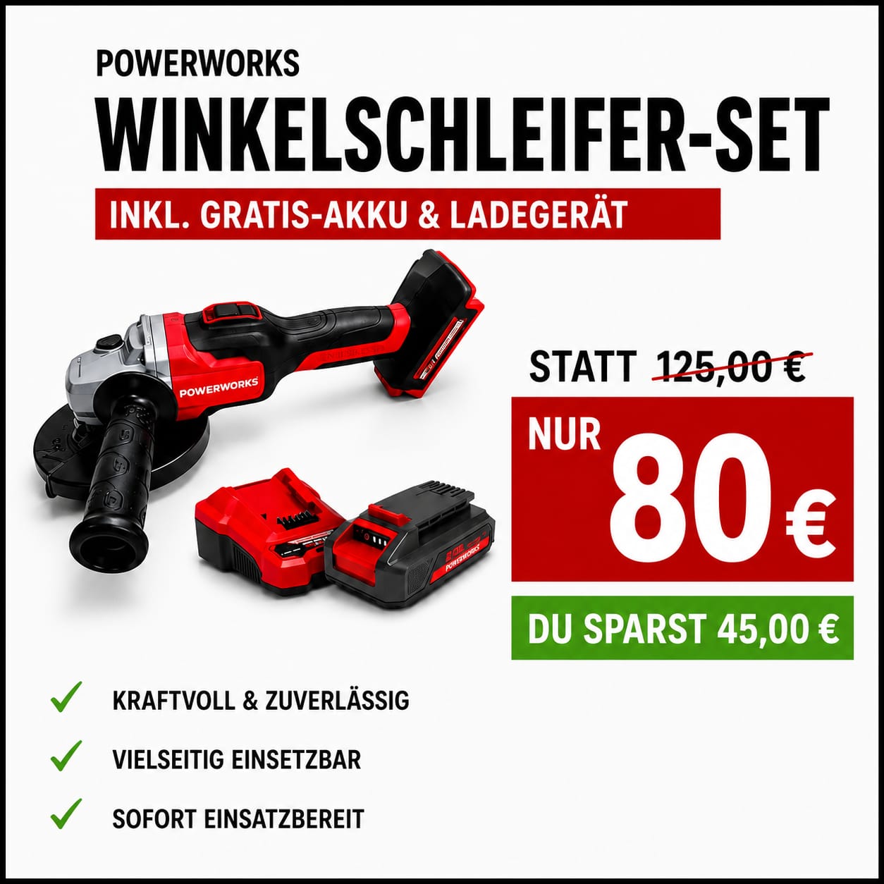 Powerworks Winkelschleifer – inkl. Gratis Akku und Ladestation